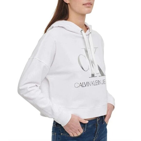 Calvin Klein Jeans Logo Crop Light-Weight Hoodie White Small A001182 - Picture 1 of 10